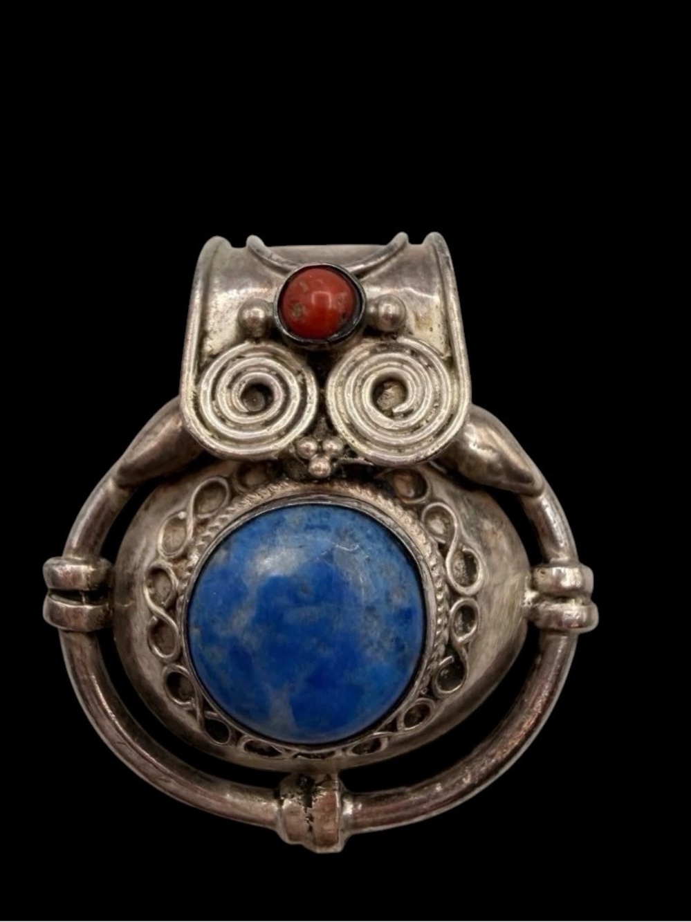 Vintage 925 Sterling Silver Tibetan Gau Amulet Pendant Lapis Coral Owl 17.3g